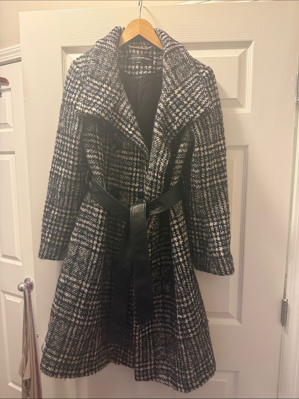 Ellen Tracy Black and White Plaid Wool/Alpaca-Blend Trench Coat with Belt